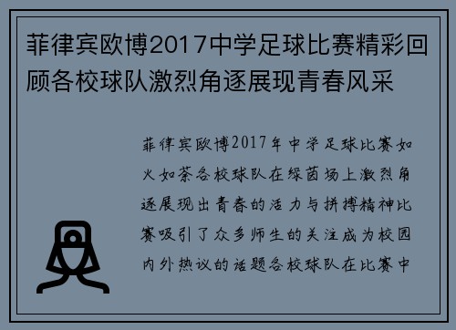 菲律宾欧博2017中学足球比赛精彩回顾各校球队激烈角逐展现青春风采